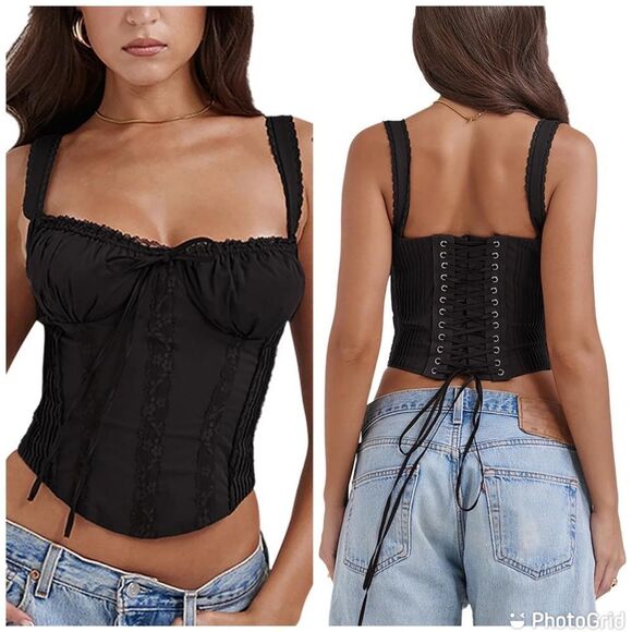 Lace Up Cami Corset Cold Shoulder Zip Side Ties Back Out Bodyshaper Bustier Top - Picture 1 of 14